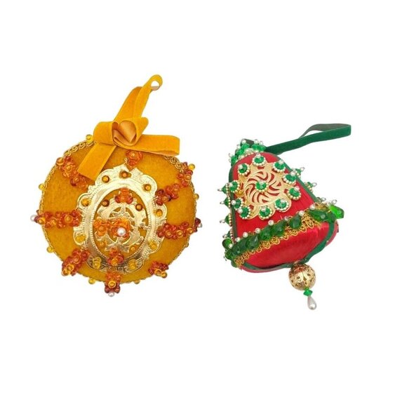 Vintage Sequin Velvet Pin Christmas Ornaments Gold‎ & Red Green Handmade - Picture 2 of 6